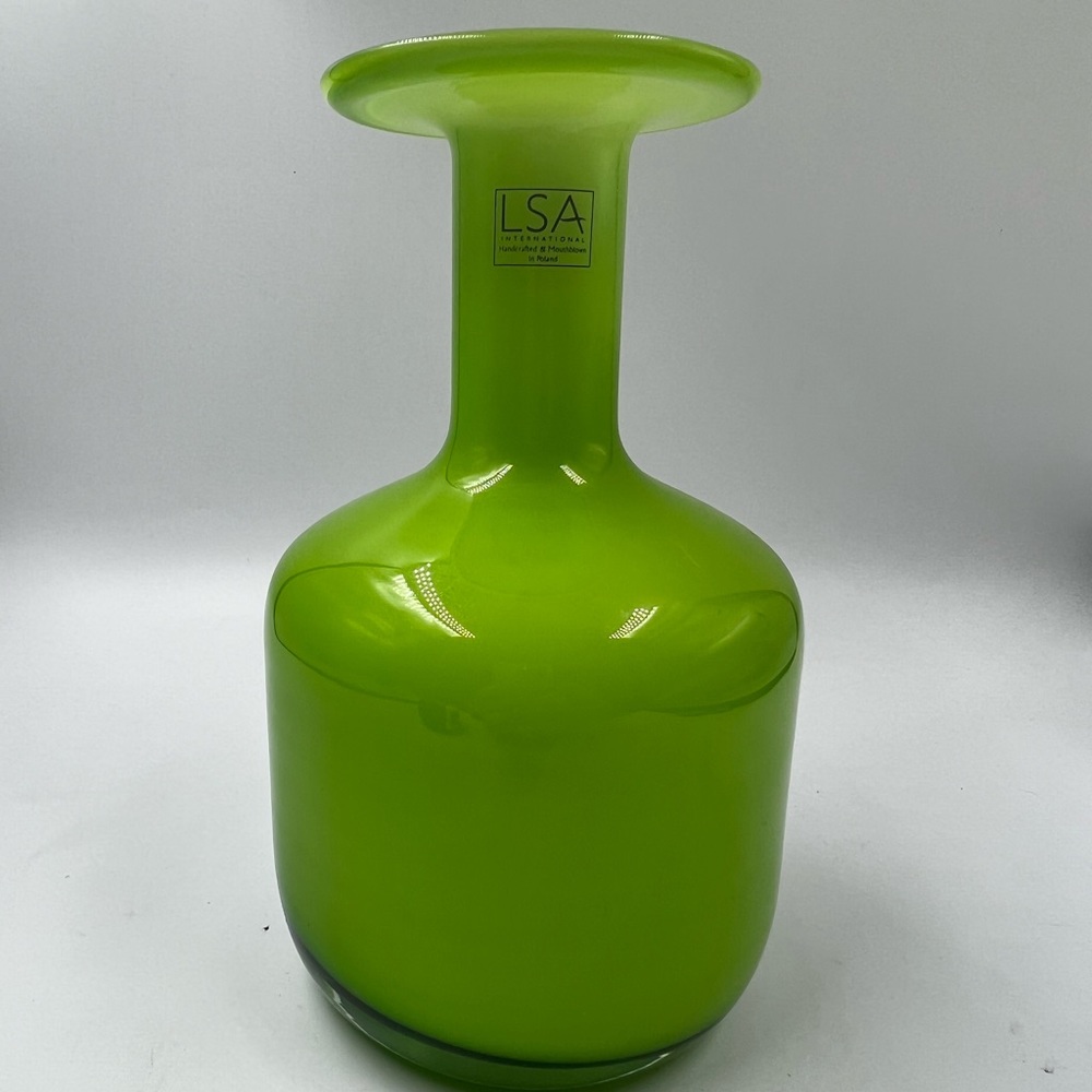 LSA International Blown Art Glass Vase Bottle Lime Green White 8.75 Inch Poland